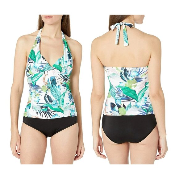 LA BLANCA In The Moment Goddess Tankini Swim Top Size 12 Halter Tropical Foliage - Picture 2 of 7
